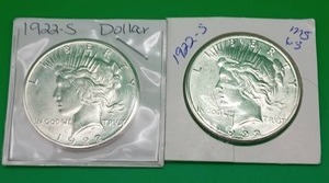 Two 1922 Peace Silver Dollars