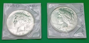 Two 1923 Peace Silver Dollars