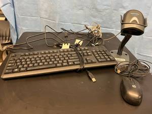 lot 26 image: Standing Mobile Desk Podium AV Cart (Locking Wheels) with Scanner, Keyboard, and Mouse