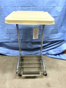 lot 30 image: MSRP $300 Medical Grade Heavy Duty Square Foot Spring Loaded Lid Laundry Hamper Stand - Steel Prop Can Be Used To Keep Lid Open Designed for hands free usage For transporting laundry or waste...