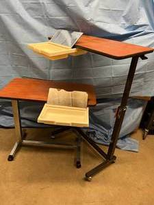 lot 42 image: Lot of 2 Overbed Tables with Compact Mirror and Pullout Medicine Cosmetic Tray