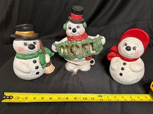 Set of Three Ceramic Snowmen, One with Lighted NOEL