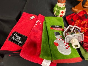 Variety of Christmas Hand Towels, Gingerbread Night Light, Snowman Soap Dispenser and Wooden Tree with Bells