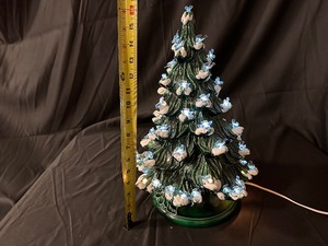 Hand Painted Lighted Ceramic Christmas Tree with Snow Covered Branches and Bluebirds