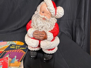 Vintage Ceramic Hand Painted Santa Claus Statue and Vintage Christmas Books