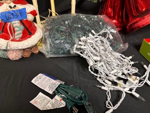 Variety of New and Vintage Christmas Lights, Bells, and Mrs. Claus