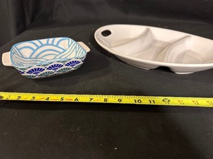 Divided White Serving Piece and Blue and White Serving Bowl
