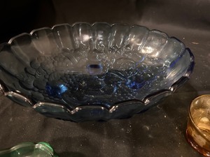 Vintage Indiana Blue Carnival Glass Bowl, Anchor Hocking Blue Green Banana Split Bowl, & Amber Honey Floral Glass Duralex Glasses