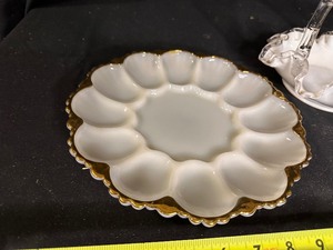 Vintage Fire King Milk Glass Deviled Egg Tray and Fenton Art Glass Clear Silver Crest Basket