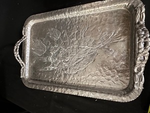 Vintage  MCM Hand Hammered Aluminum Large Tray and Serving Bowl with Tulips