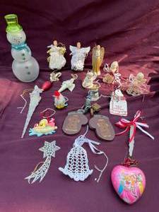 lot 12 image: Christmas Ornaments & Glass Snowman With Hat That Comes Off For Beverage