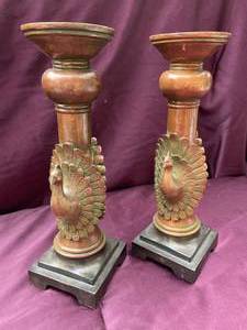 lot 38 image: Pair Of Resin Peacock  Candle Holders 15 Inches Tall