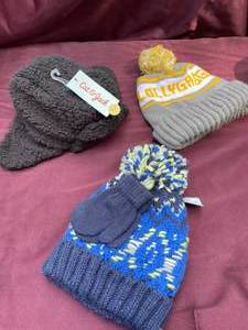 lot 47 image: NEW 3 Boys Hats, One With Mittens, Two With Tags
