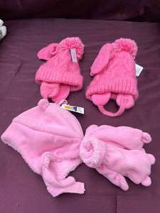 lot 51 image: NEW 3-Girls Hats With Mittens, 2-Pink & 1-Light Pink With Tags