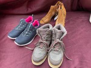 lot 53 image: NEW OR SLIGHTLY USED 3-Pair Of Shoes, Blue, Grey Suede, Sandals Size 9