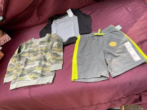 lot 54 image: NEW With Tags, 4-Boy Sweatshirts 45 Grey, Camel, Pair Grey Shorts 45