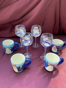 lot 63 image: 4-Snowman Mugs & 4 Painted Snowman Glasses No Chips Or Cracks