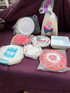 lot 65 image: New Paper Plates Not Used But Packages Opened, Microwave Square Bowls, Package Plastic Glasses Not Used
