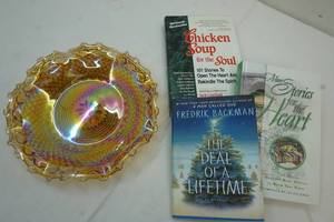 Carnival glass dish and books