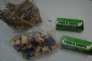 Vintage wooden clothes pins, spools and poker chips
