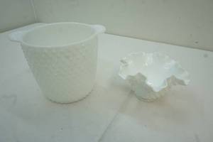 Vintage Fenton dish and hobnail milk glass container.