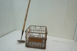 Vintage hoe and metal basket