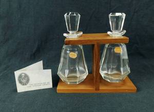Vintage The Crystaline Oil and Vinegar Cruets by Bohemian Glass Made In Czechoslovakia with Walnut Stand