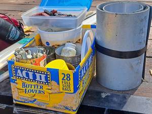 lot 423 image: Roll of Tin, Large Lag Screws, Plastic Containers with Misc. Hardware