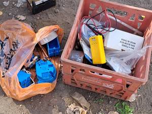 lot 476 image: Electric Outlet Boxes, Cen-Tech Meter P30756, Mini Boom Box, Misc. Parts