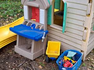 lot 526A image: Kids Toys - Work Bench, Tonka Dump Truck, Basket of Misc. Toys