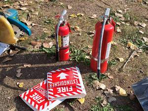 lot 499 image: Lot of (2) Multi-Purpose Dry Chemical Fire Extinguishers with Fire Extinguisher Placards