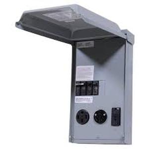 lot 216 image: GE RV Panel with 50 Amp and 30 AMP RV Receptacles and a 20 Amp GFCI Receptacle