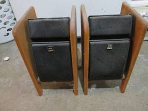 lot 151 image: Polk Audio stereo speakers and wood speaker stands