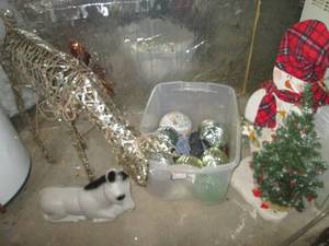 lot 161 image: Collection of Christmas decor from oversized ornaments  and light-up twine figure to Tall wood Snowman and blow mold style decor