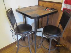 lot 110 image: Pub height 3131 Metal frame tile inlay table with (2) padded Swiveling bar stools