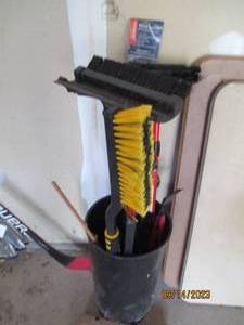 lot 90 image: Bucket of snow brushes, camping seat and ice scooper