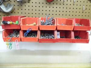 lot 54 image: Hangable parts organizers each filled with an assortment of hardware and other shop type supplies