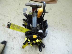 lot 59 image: Tool caddy loaded with an assortment of hand tools including hammers, screwdrivers, pry bar, tape measure and more