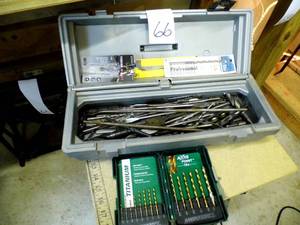 lot 66 image: Dremel case containing a huge Assortment of drill bits from standard bits to specialty wood Spade bits