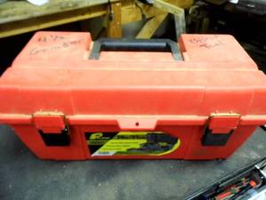 lot 278 image: Plastic toolbox containing an angle grinder along with pneumatic tools, attachments and accessories