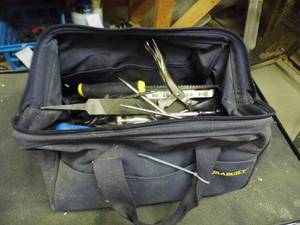 lot 281 image: Toolbag full of some basic and essential hand tools including screwdrivers, nut drivers, tin snips, channelock,  pliers and more
