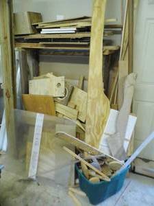 lot 295 image: Huge lot of wood slabs, slats, sheets and chunks of assorted size and types. Includes misc sheetrock and more