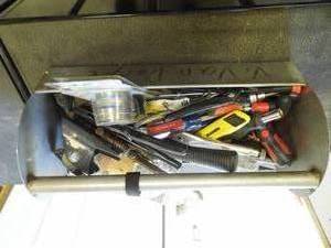lot 296 image: Metal top handle Toolbox tray loaded with specialty and standard hand tools and accessories