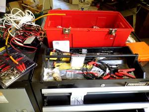 lot 298 image: Plastic toolbox overloaded with a huge variety of electrical supplies and accessories