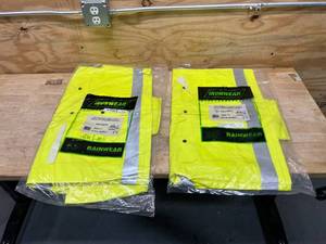 lot 33 image: IRONWEAR Lot of 2-  2 Piece Rainsuit Jackets with Tuckaway Hood & Bib Pants, Style #9600FR (Large, LimeSilver)