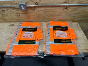 lot 34 image: IRONWEAR Lot of 2-  2 Piece Rainsuit Jackets with Tuckaway Hood & Bib Pants, Style #9600FR (Large, OrangeSilver)
