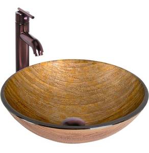 lot 104 image: VIGO VGT172 16.5 L -16.5 W -13.0 H Amber Handmade Countertop Glass Round Vessel Bathroom Sink Set in Wooden Finish with Oil Rubbed Bronze Single-Handle Single Hole Faucet and Pop Up Drain