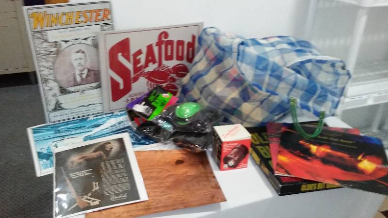 lot 588 image: Metal Signs, Bag of Toys and More.