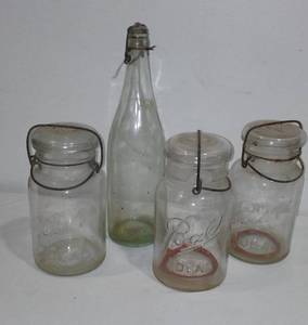 lot 609 image: Vintage Ball Bale Handle, Jars (3). Qt Size Plus Vintage Bottle.