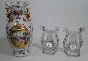 lot 840 image: Porcelain Vase and Glass Harp Book Ends.